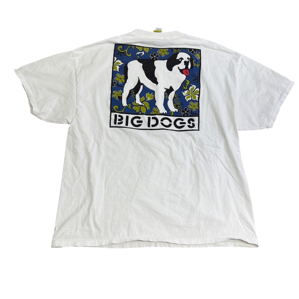 Vintage Big Dogs Santa Barbara Graphic T-Shirt White Mens XXL Floral St Bernard